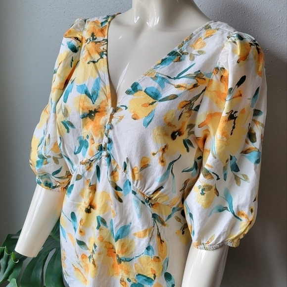 GAP Linen Blend Yellow Watercolor Floral Peplum Puff Sleeve Top sz Small Tall - Picture 3 of 7